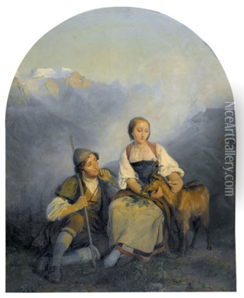 Junges Hirtenpaar Mit Ziege Vor Gebirgslandschaft Oil Painting - Edouard-Henri Girardet