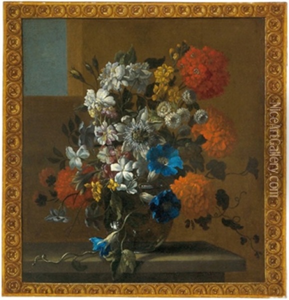Blumenstraus In Einer Vase Auf Einer Steinernen Tischplatte Oil Painting - Jean-Baptiste Belin de Fontenay the Elder