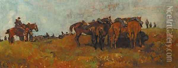 Cavalrists resting on a heath Oil Painting - George Hendrik Breitner