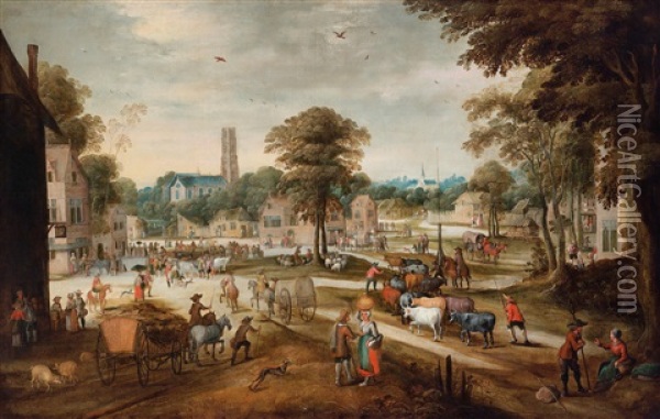 Eine Dorfansicht Mit Dorfbewohnern Oil Painting - Pieter van der Hulst the Elder
