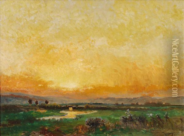 Landscape At Sunset Oil Painting - Ignac Ujvary