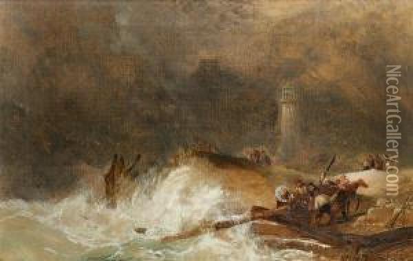 Salvage On The Shoreline With Additional Indistinct Markings On The Original Stretchers Oil Painting - Robert Salmon