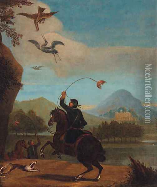 A Hunting Party in an extensive Landscape Oil Painting - English School