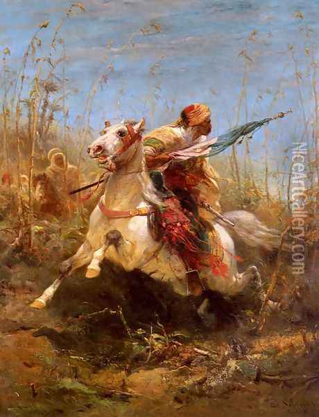 Arab Warrior Leading A Charge Oil Painting - Adolf Schreyer