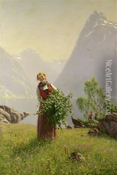 Junges Madchen Mit Birkenzweigen Vor Einem Norwegischen Fjord Oil Painting - Hans Dahl