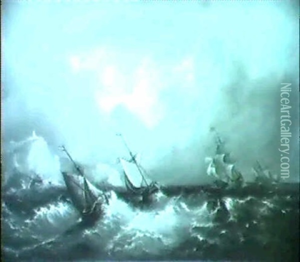 Britische Und Hollandische Schiffe Auf Sturmischer See In   Kustennahe Oil Painting - Frederick Calvert