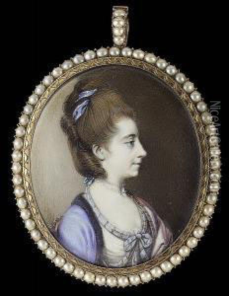 A Lady, In Profile To The Right,
 Wearing White Dress With Striped Pale Blue Ribbon Trim Tied In A Bow At
 Her Corsage, Blue Robe Trimmed With Black Fur, Pink Shawl Over Her Left
 Shoulder, Double Strand Pearl Necklace Tied With White Edged Blue 
Ribb Oil Painting - George Engleheart