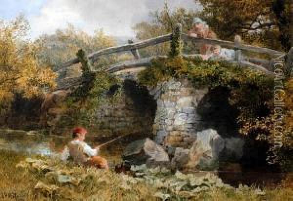 Young Boy Fishing At A Riverside Beforechildren Watching From An Arched Stone Bridge Oil Painting - John Henry Mole