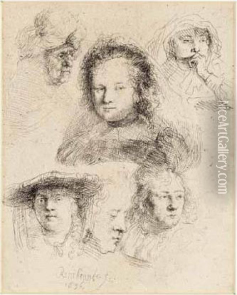 Studies Of The Head Of Saskia (b., Holl.365; H.145; Bb.36-b) Oil Painting - Rembrandt Van Rijn
