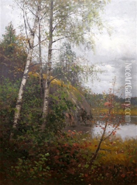 Insjolandskap Med Bjorkar Oil Painting - Johan Severin Nilsson