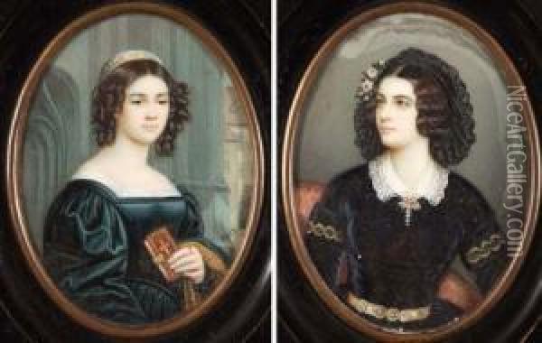 Indistinctly Signed, Inscribed Verso, Pair Of Oil Miniatures, Portraits Of Maria Grfin Van Landsfeld, And Anna Hillmayr, , 3 1/2 Oil Painting - Josef Karl Stieler