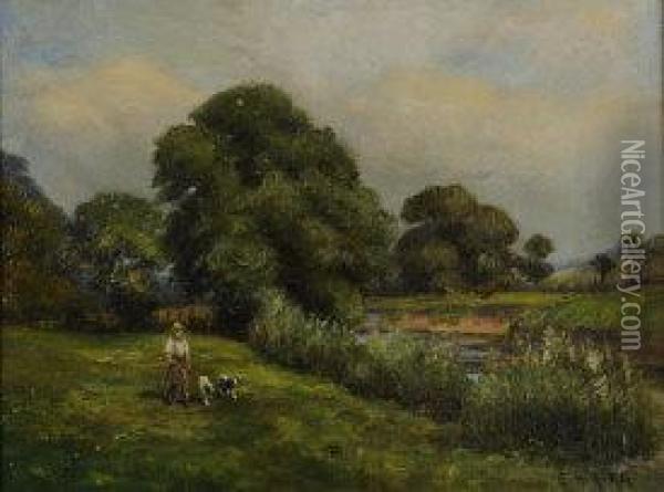 River Landscape With Figure Walking His Dogs Oil Painting - Ernest Higgins Rigg