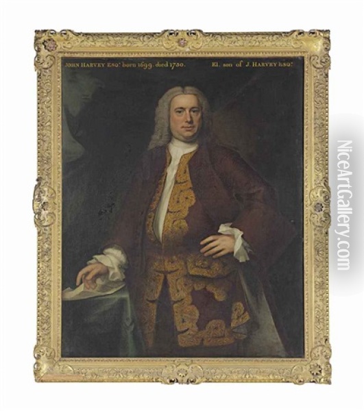 Portrait Of John Harvey (1699-1750), Three-quarter-length, In A Brown Coat And Gold Embroidered Waistcoat, Beside A Green Draped Table With A Letter Oil Painting - John Theodore Heins