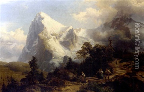 A View Of The Jungfrau And The Eiger, Switzerland Oil Painting - August Becker