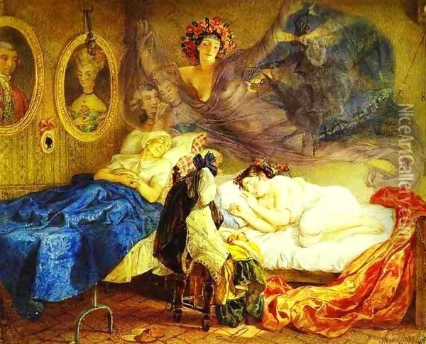 Dreams of Grandmother and Granddaughter 1829 Oil Painting - Julia Vajda