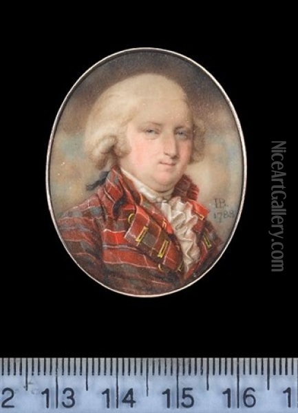 A Gentleman, Wearing Tartan Coat With Gold Embroidered Button Holes, Matching Waistcoat, Frilled White Chemise, Tied Stock And Powdered Wig With Ribbon Bow Oil Painting - John Bogle