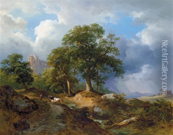 Hirtin Mit Ihrer Herde Am Heimweg Vor Nahendem Unwetter, Im Hintergrund Eine Burgruine Oil Painting - Joseph Hoeger