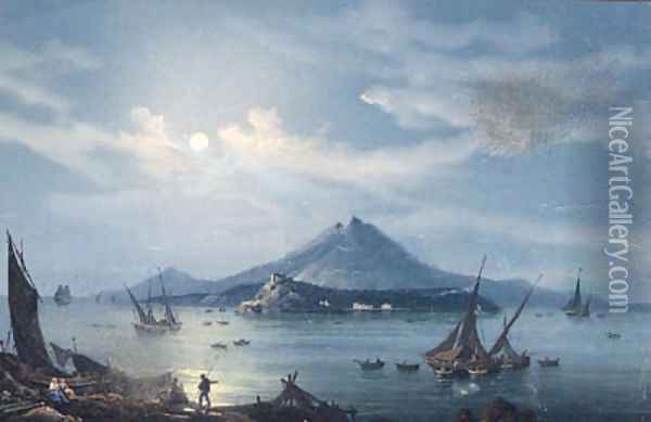 Fishing Vessels in the Bay of Naples at Night, with a View of Vesuvius beyond Oil Painting - La Pira