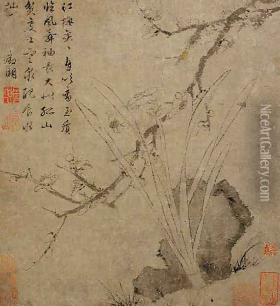 Plum Blossoms, Rock, and Narcissus Oil Painting - Zhengming Wen