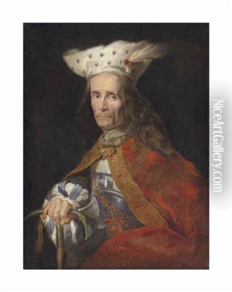 Portrait Of A Gentleman, Half-length, In A Fur Hat And Cape, His Right Hand Resting On An Axe Oil Painting - Vittore Giuseppe Ghislandi (Fra' Galgario)