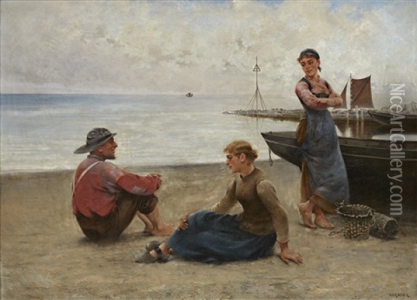 Pa Stranden I Bretagne Oil Painting - August Vilhelm Nikolaus Hagborg