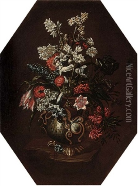 Narcissi, Carnations, Tulips, Morning Glory And Other Flowers In A Vase On A Ledge Oil Painting - Bartolommeo Ligozzi