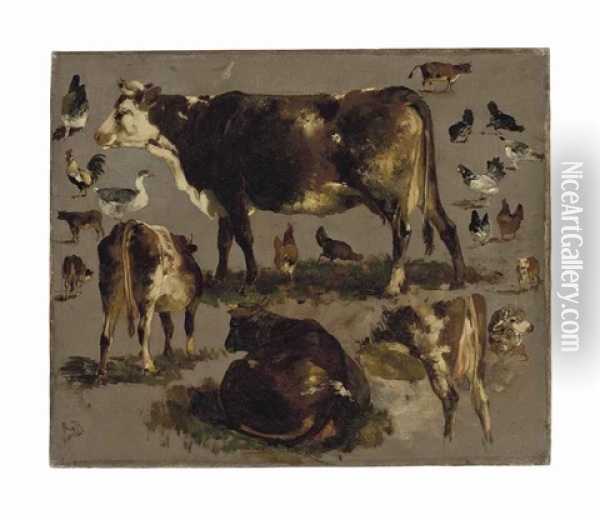 Studies Of Cows, Hens, Roosters, A Goose And A Sheep Oil Painting - Rosa Bonheur