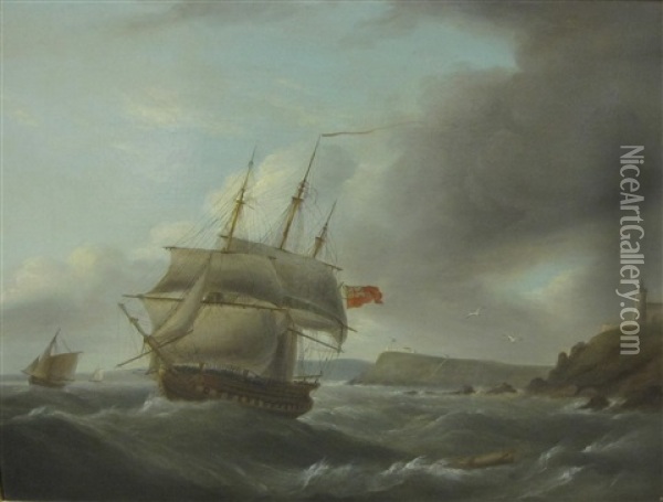 A Frigate Of The Royal Navy In Bantry Bay, Having Left Cork Harbour Oil Painting - Thomas Luny