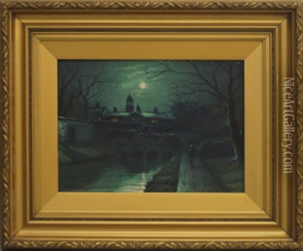 Moonlit Canal Scene With A Figure And A Stone Bridge Oil Painting - Walter Linsley Meegan