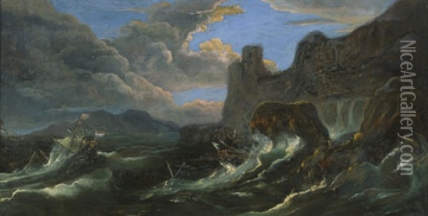 Sturmische See Mit Kenternden Segelschiffen Vor Einer Felsenkuste Oil Painting - Matthieu Van Plattenberg