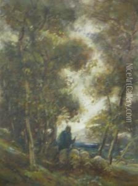 Shepherdess And Flock In A Shady Wood Oil Painting - Thomas William Morley