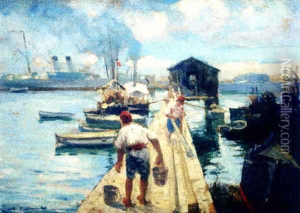 Seascape with Constanţa Harbor Oil Painting - Nicolae Vermont