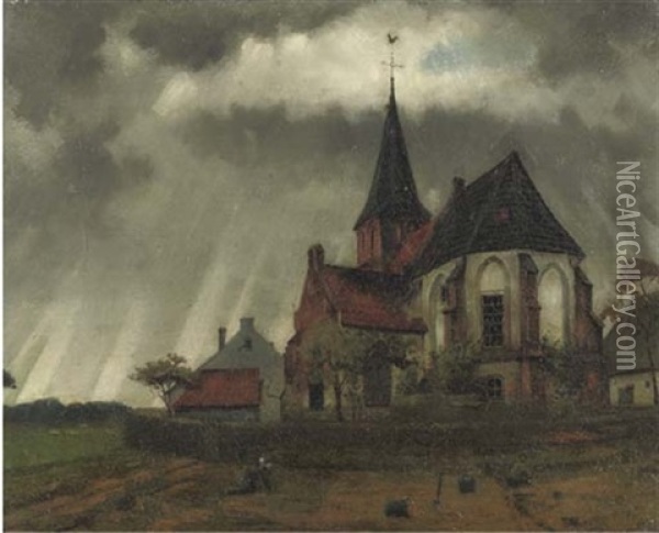 Kerkje Ten Platteland - The Church In Persinge Oil Painting - Eduard Karsen