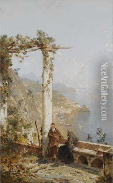 Kapuzinermonche Eines Klosters 
Bei Amalfi Hoch Uber Dem Golf (amalfi Above The Bay Of Naples) Oil Painting - Franz Richard Unterberger