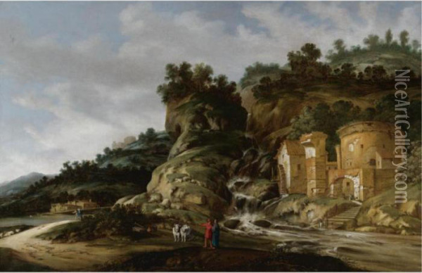 Hilly Landscape With Cincinnatus Being Called To Rome Oil Painting - Jacobus Sibrandi Mancandan