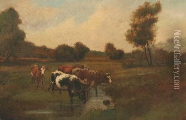 Cows Grazing By Waterside Oil Painting - Henri-Joseph Duwee