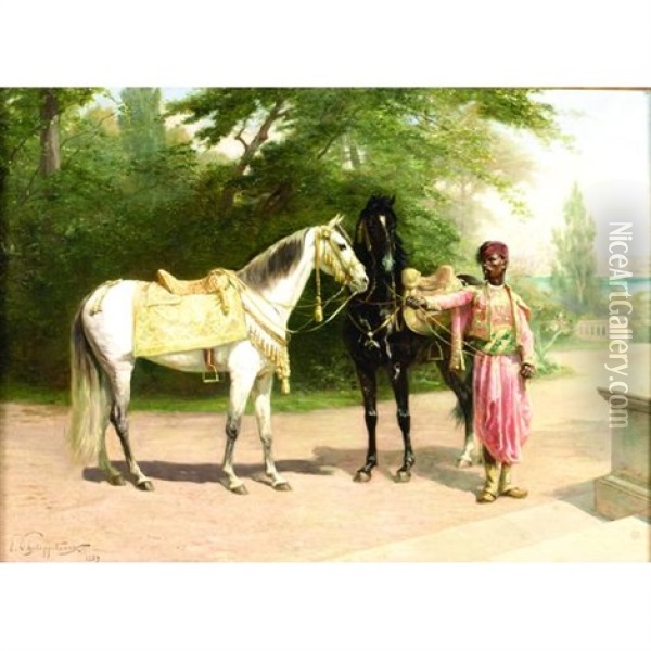 Two Horses With An Arab Groom And A Town Beyond (constantinople?) Oil Painting - Paul Dominique Philippoteaux