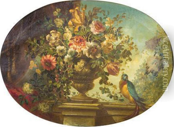 Fall Still Life With Parrot On A Ledge Oil Painting - Master Of The Guardeschi Flowers