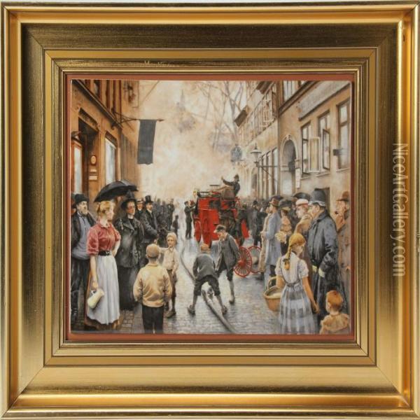 Six Porcelain Plaques With Printed Decorations Incolours Oil Painting - Paul-Gustave Fischer