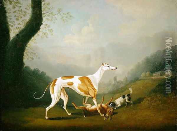 Greyhound with a Spaniel Puppy and Dead Hare Oil Painting - Daniel Clowes