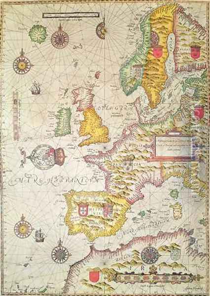 A Generall carde and description of the sea coastes of Europe and navigation in this book conteyned Oil Painting - Jodocus Hondius