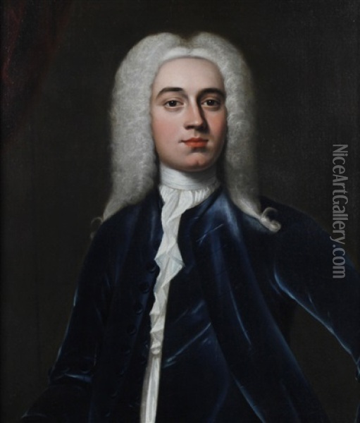 A Portrait Of A Gentleman Wearing Blue Jacket, White Chemise, Necktie And Grey Wig Oil Painting - Thomas Hudson