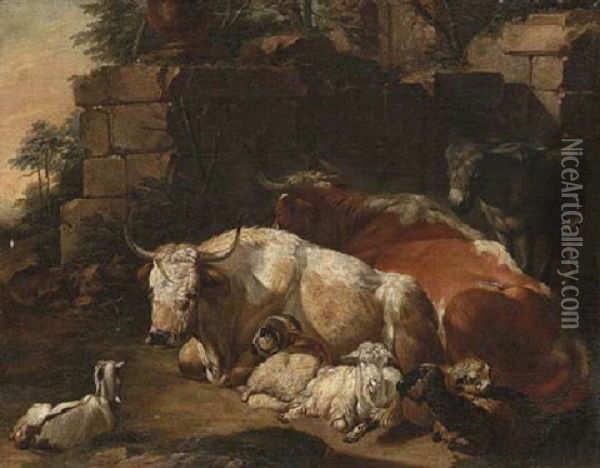 Bulls, Goats, Sheep And A Donkey Before A Ruined Wall, A Landscape Beyond Oil Painting - Johann Heinrich Roos