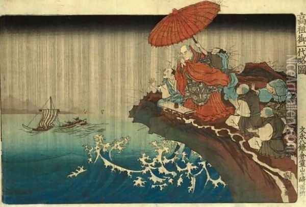 Nichiren Praying for Rain on the Promontory of Ryozangasaki in Kamakura, 1271 Oil Painting - Utagawa Kuniyoshi