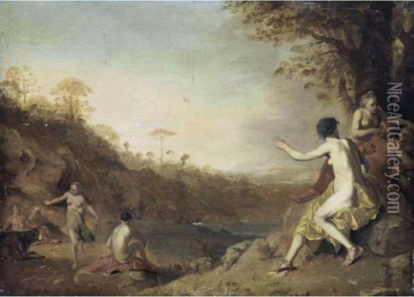 Landscape With Nudes Bathing Oil Painting - Dirck Van Der Lisse