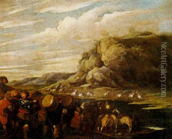 Scaramuccia Di Cavalieri In Un Paesaggio Montano Oil Painting - Aniello Falcone