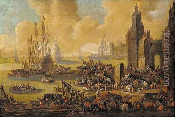 A capriccio of a northern harbour, with townsfolk, merchants, stevedores and sailors on the quays and in boats Oil Painting - Pieter Casteels