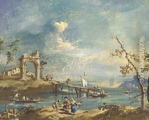Capricci of islands on the Laguna with classical ruins and figures Oil Painting - Giacomo Guardi