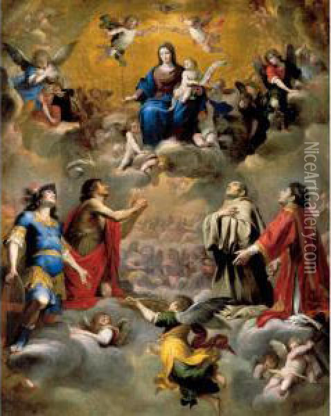 The Virgin And Child In Glory With Saints George, John The Baptist, Bernard And Lawrence Oil Painting - Giovanni Battista Carlone