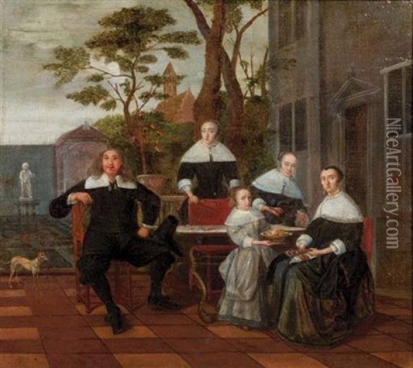 A Group Portrait Of A Noble Family Seated Around A Table On A Terrace Oil Painting - Ludolf de Jongh